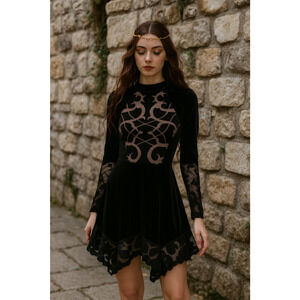 BCBGMAXAZRIA Womens Ornate Velvet Mini Dress Medium Black Fairy Whimsigoth Event